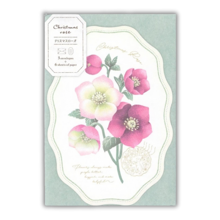 Christmas Rose Mini Letter Set: Double-Sided Die-Cut Japanese Stationery for Winter Notes & Display (6 Sheets + 3 Envelopes)