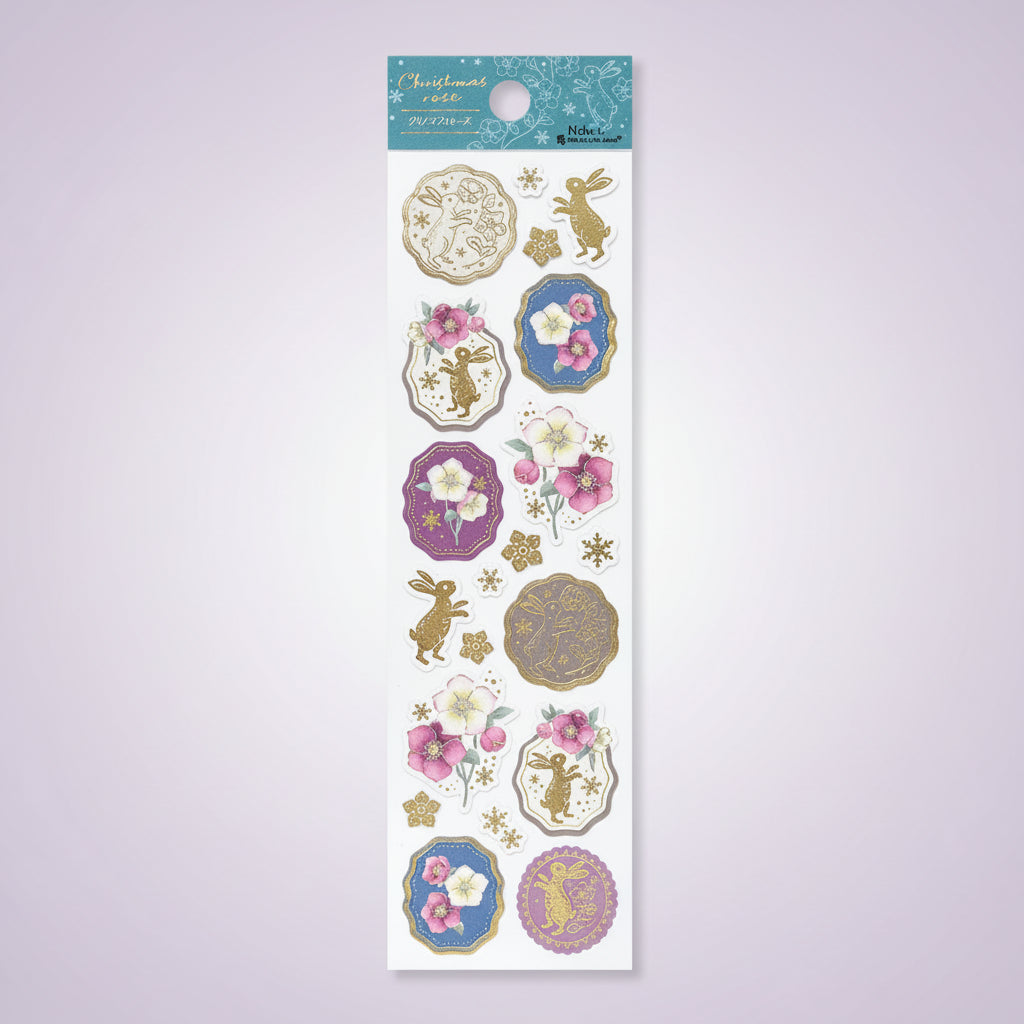 Christmas Rose & Rabbit Washi Stickers: Gold Foil Winter Sticker Sheet for Letters & Planners