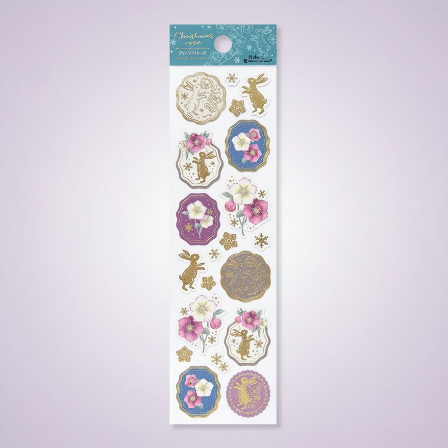 Christmas Rose & Rabbit Washi Stickers: Gold Foil Winter Sticker Sheet for Letters & Planners