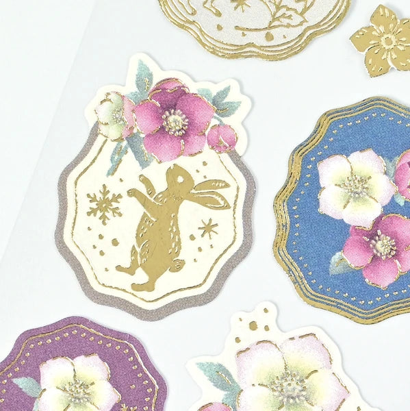 Christmas Rose & Rabbit Washi Stickers: Gold Foil Winter Sticker Sheet for Letters & Planners