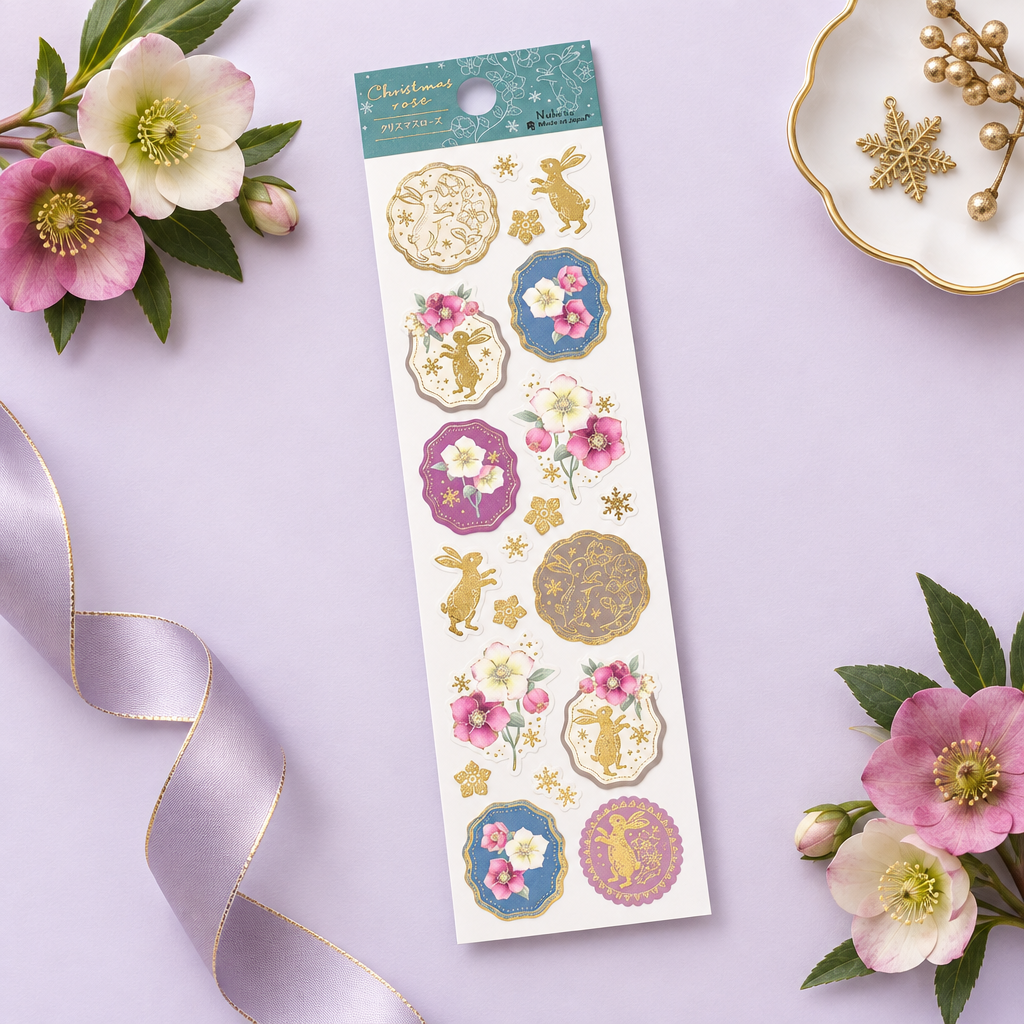 Christmas Rose & Rabbit Washi Stickers: Gold Foil Winter Sticker Sheet for Letters & Planners