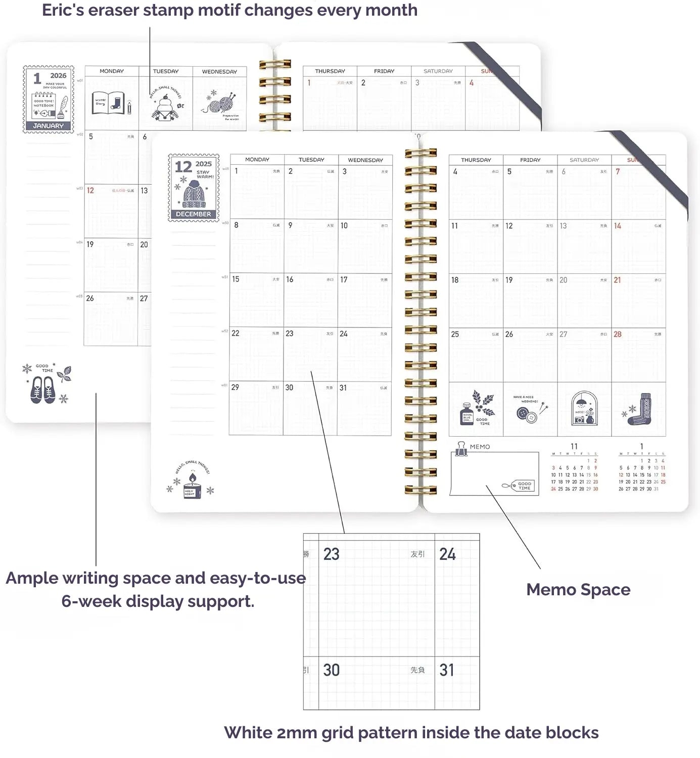 kleid x eric 2026 Ring Diary: B6 Monthly Planner - 2mm Grid Aesthetic White Edition