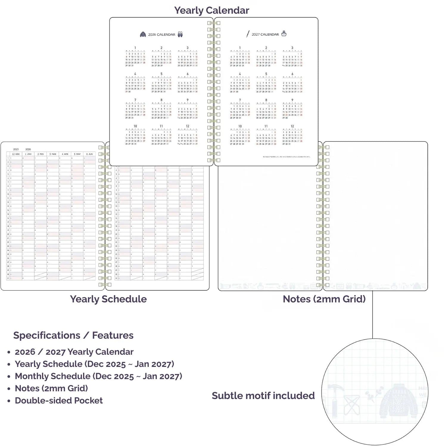 kleid x eric 2026 Ring Diary: B6 Monthly Planner - 2mm Grid Aesthetic White Edition