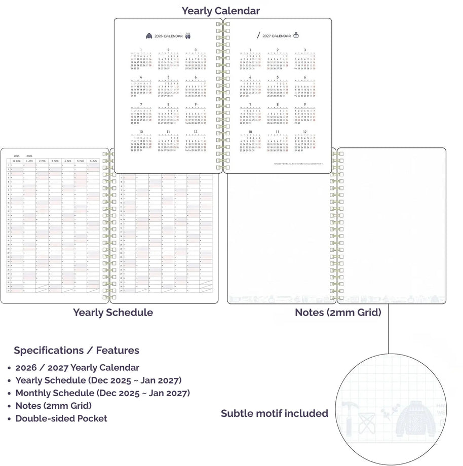 kleid x eric 2026 Ring Diary: B6 Monthly Planner - 2mm Grid Aesthetic White Edition