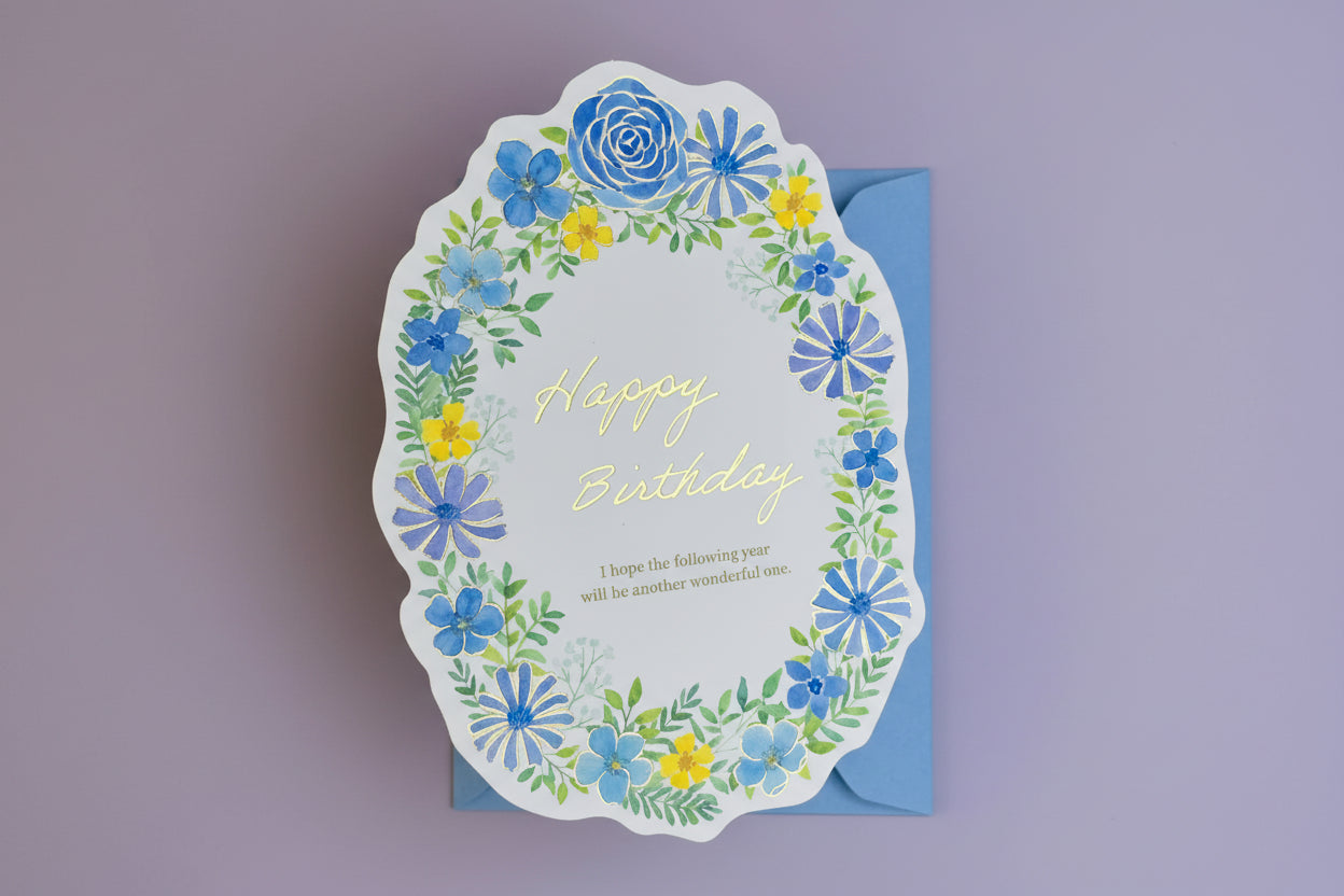 Japanese Die-Cut Greeting Card: Blue Floral Wreath - Gold Foil Watercolor Design