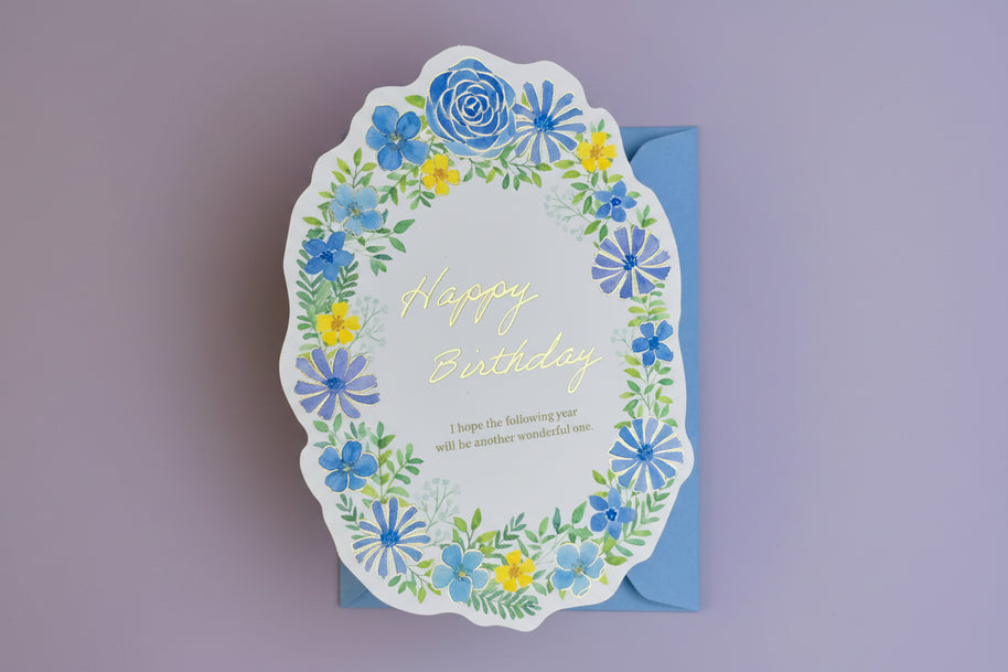Japanese Die-Cut Greeting Card: Blue Floral Wreath - Gold Foil Watercolor Design