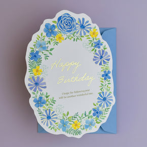 Japanese Die-Cut Greeting Card: Blue Floral Wreath - Gold Foil Watercolor Design