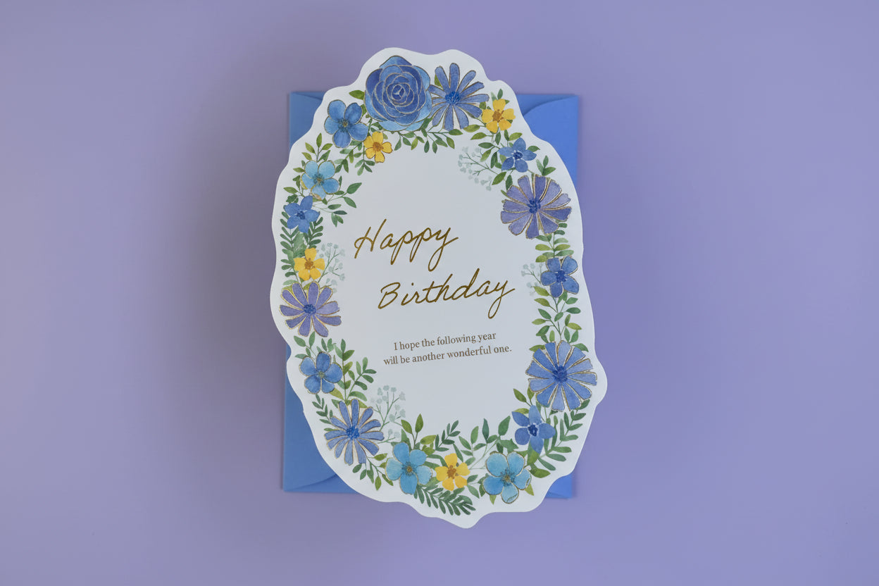 Japanese Die-Cut Greeting Card: Blue Floral Wreath - Gold Foil Watercolor Design