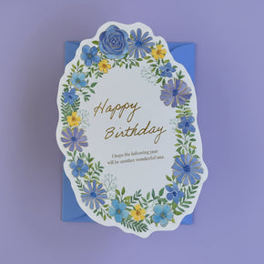 Japanese Die-Cut Greeting Card: Blue Floral Wreath - Gold Foil Watercolor Design