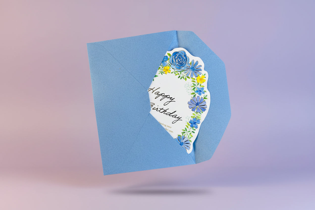 Japanese Die-Cut Greeting Card: Blue Floral Wreath - Gold Foil Watercolor Design