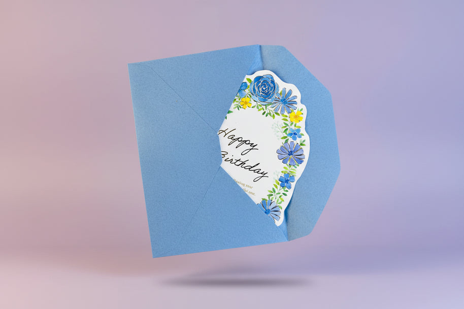 Japanese Die-Cut Greeting Card: Blue Floral Wreath - Gold Foil Watercolor Design