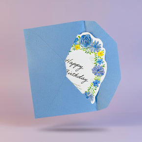 Japanese Die-Cut Greeting Card: Blue Floral Wreath - Gold Foil Watercolor Design
