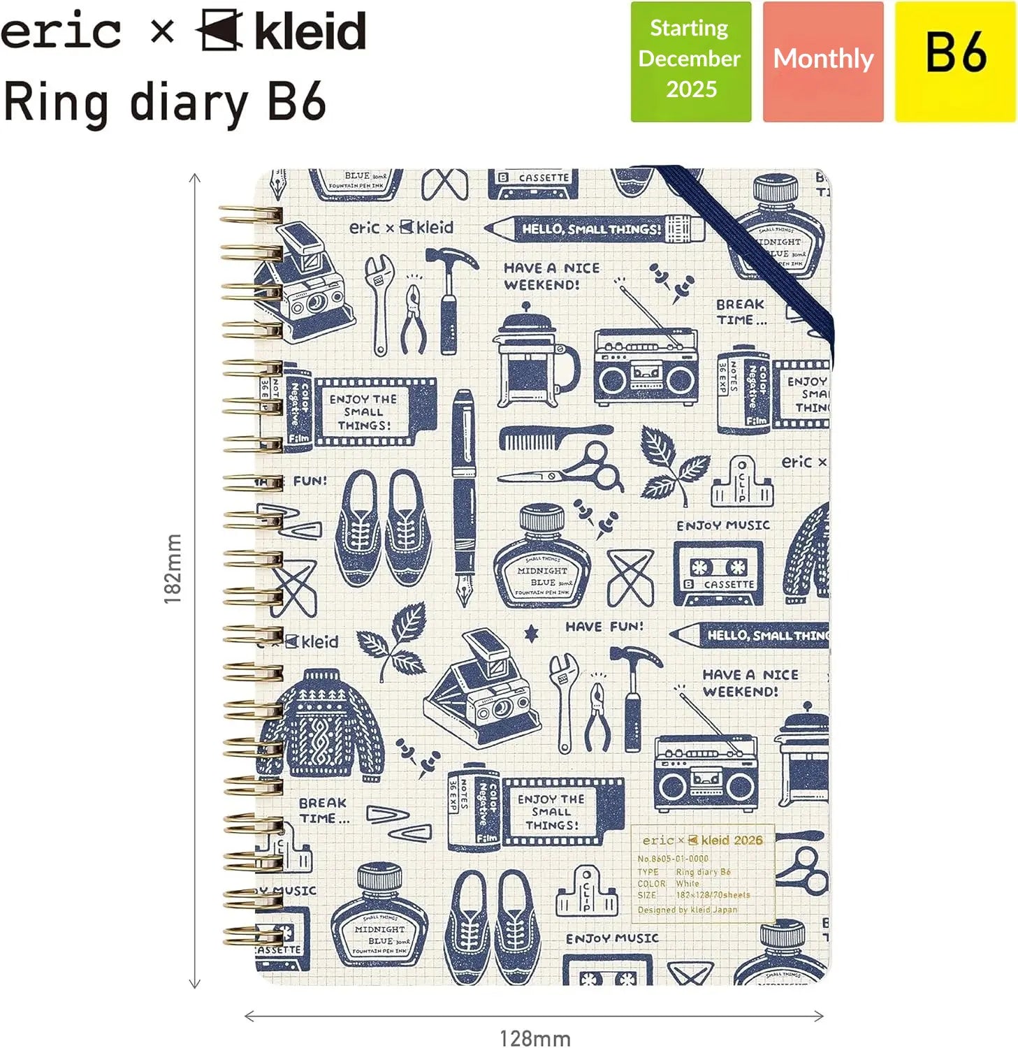 kleid x eric 2026 Ring Diary: B6 Monthly Planner - 2mm Grid Aesthetic White Edition