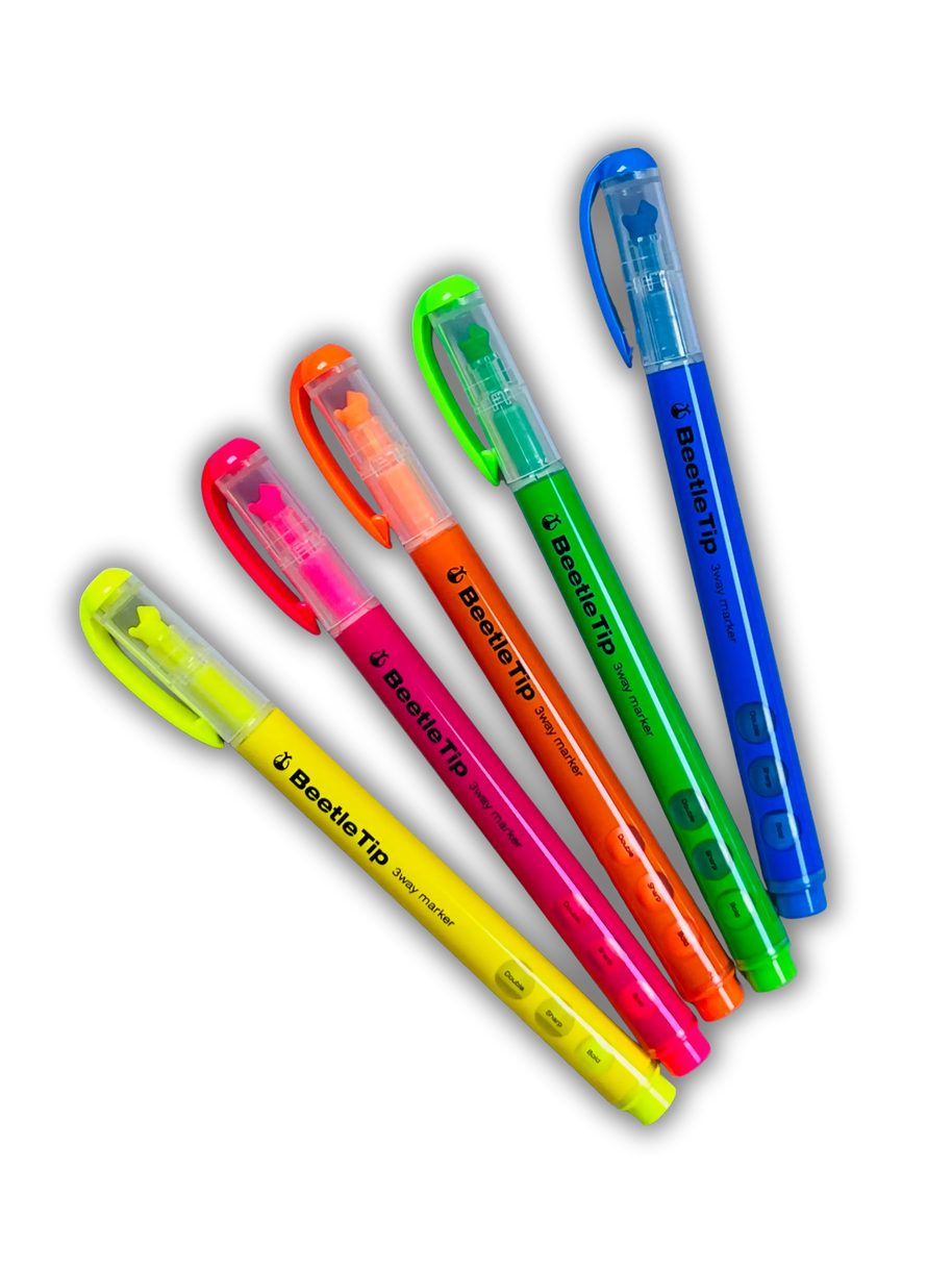 KOKUYO Beetle Tip 3-Way Highlighter: Double Line & Fine Point Set 5-Color