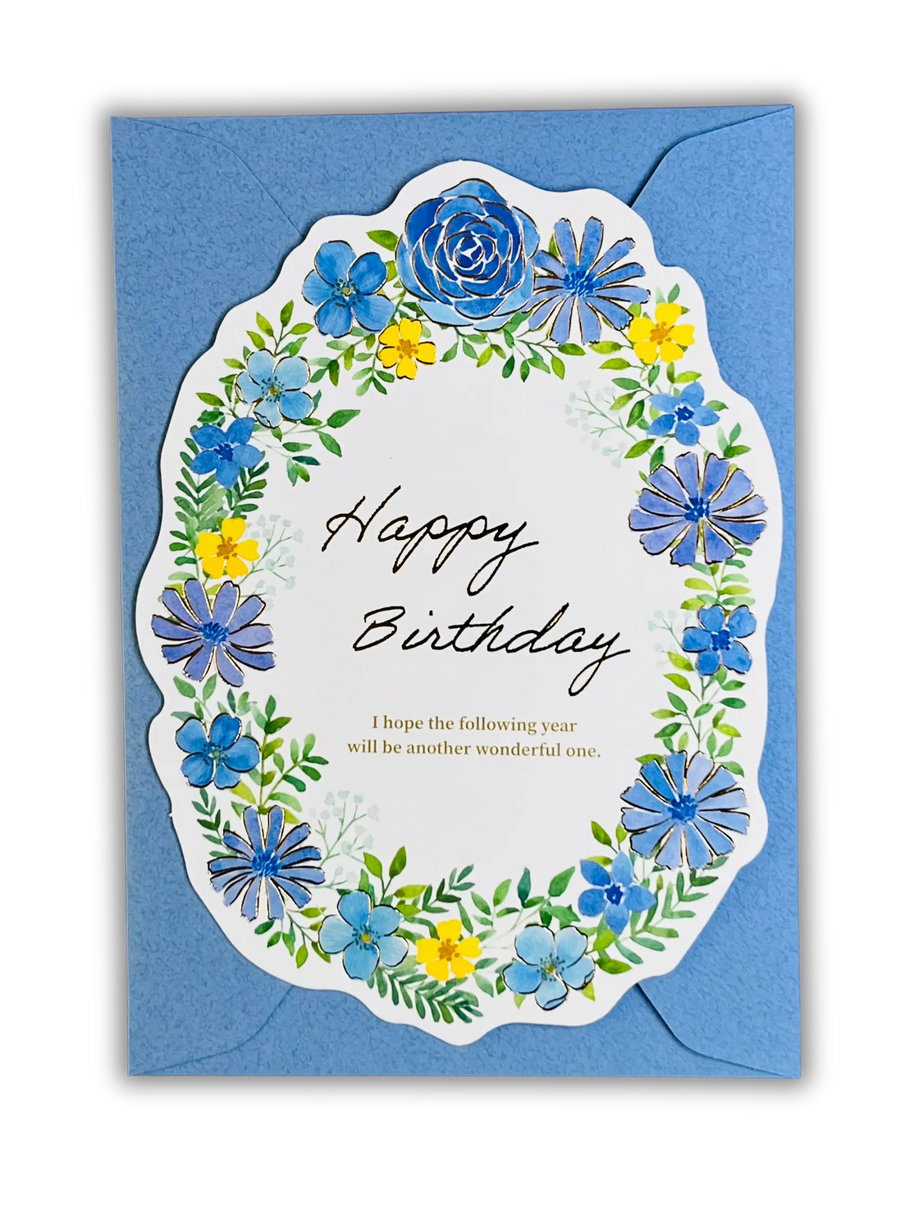 Japanese Die-Cut Greeting Card: Blue Floral Wreath - Gold Foil Watercolor Design