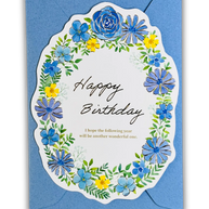 Japanese Die-Cut Greeting Card: Blue Floral Wreath - Gold Foil Watercolor Design