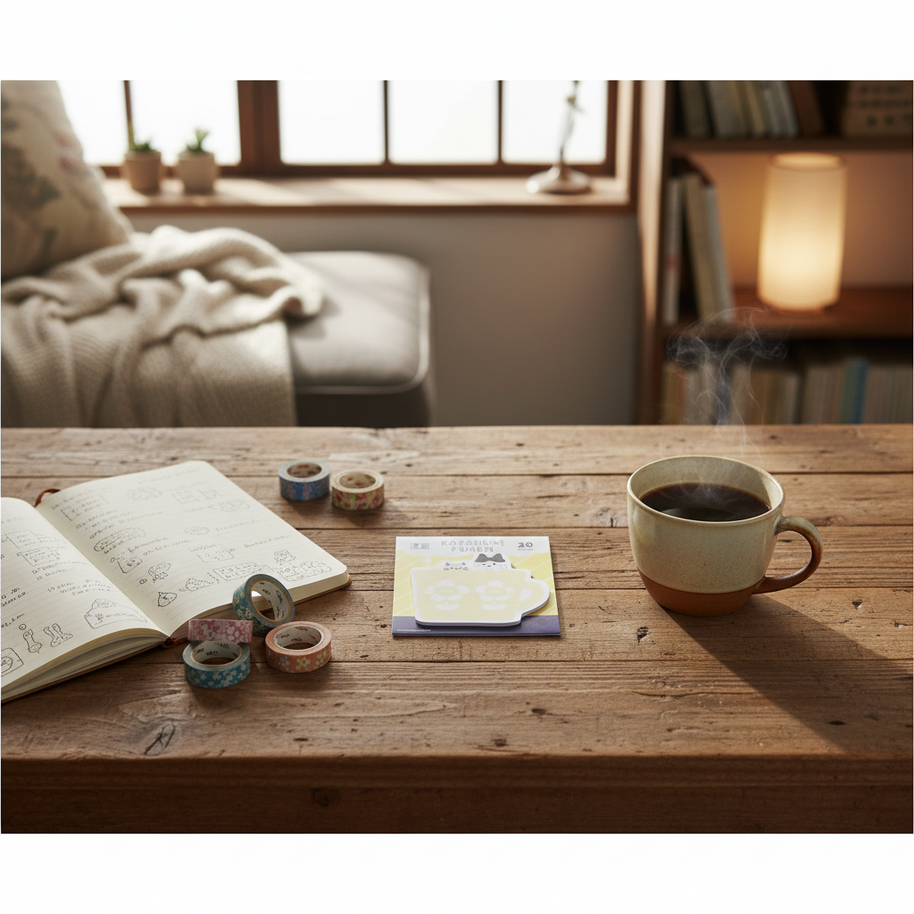 Furukawa Shiko Katanuki Fusen: Aesthetic Japanese Sticky Notes (Mug Cup Cat)
