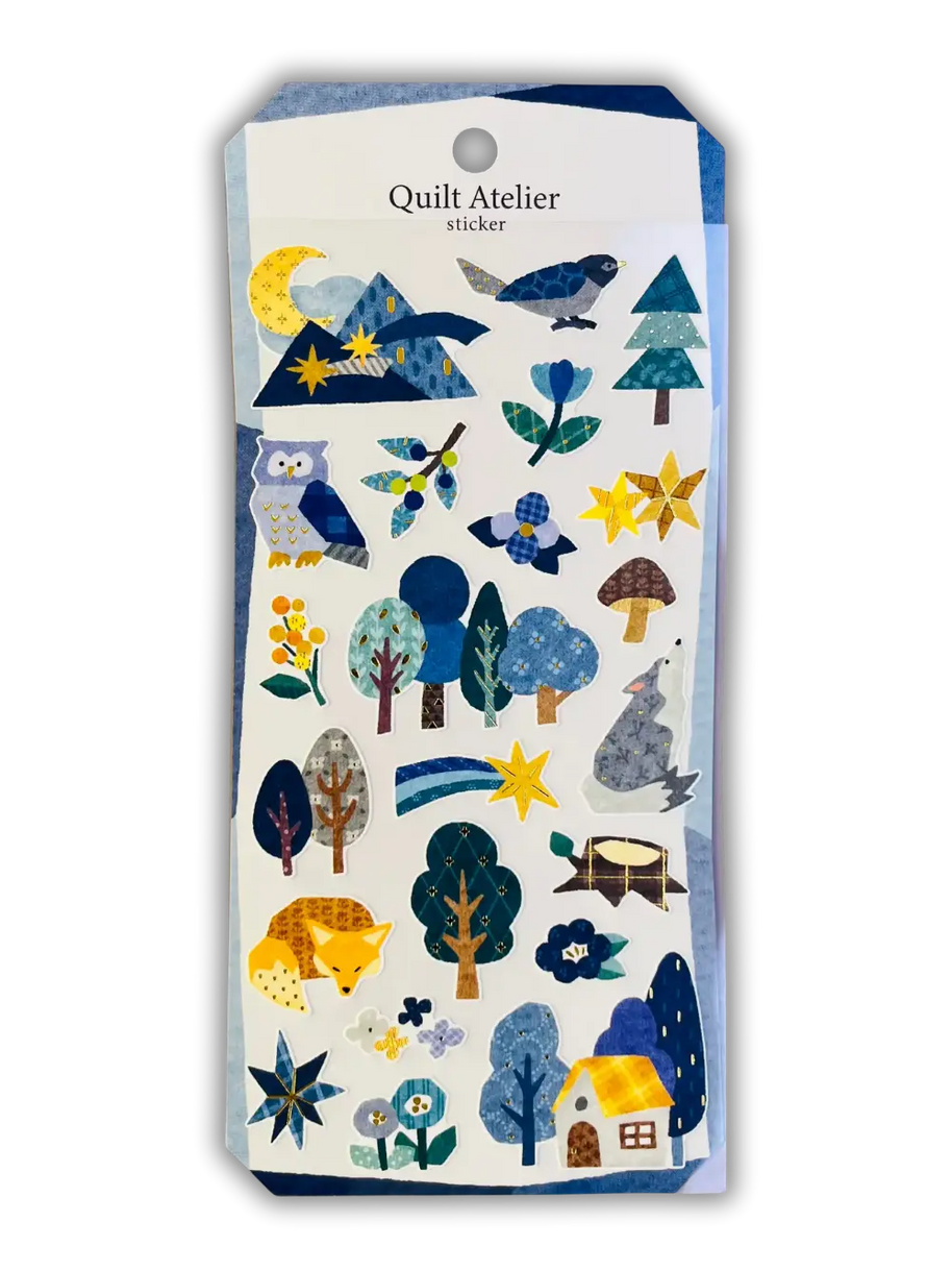 Quilt Atelier Washi Cotton Sticker: Forest & Gold Stars - Textured Japanese Fabric Decal