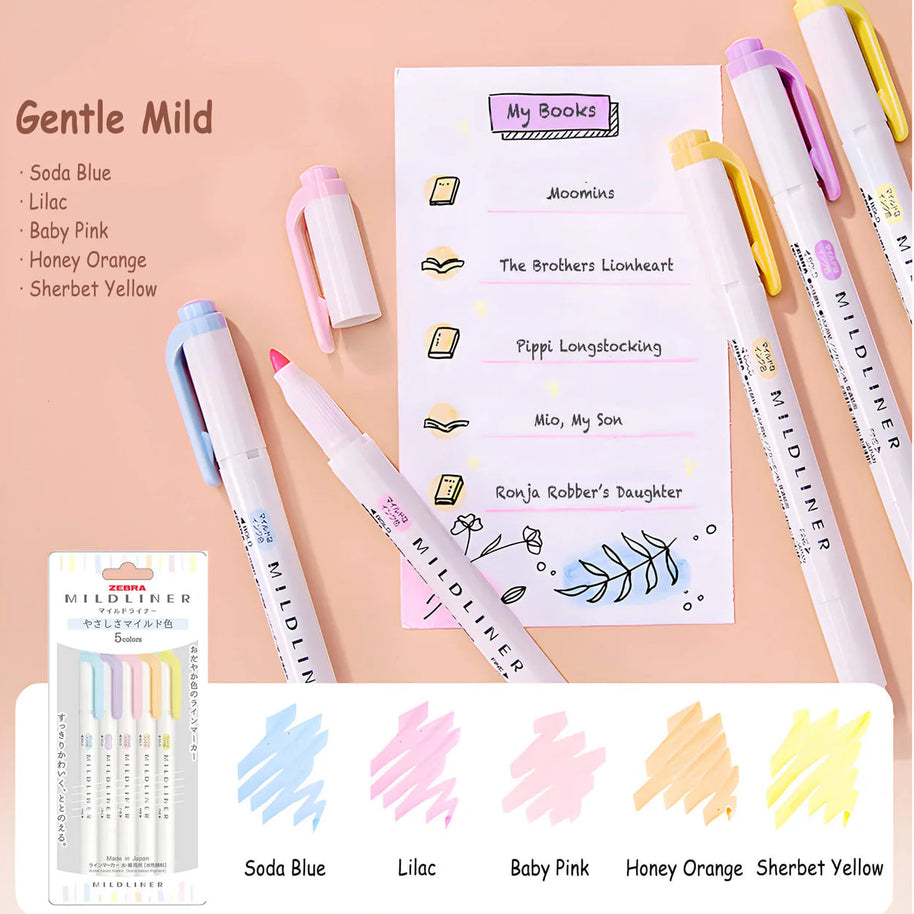 Zebra Mildliner Double-Sided Highlighter: 5-Color Japanese Marker Set